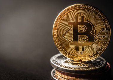Üstünde altın para olan bitcoin yığını.