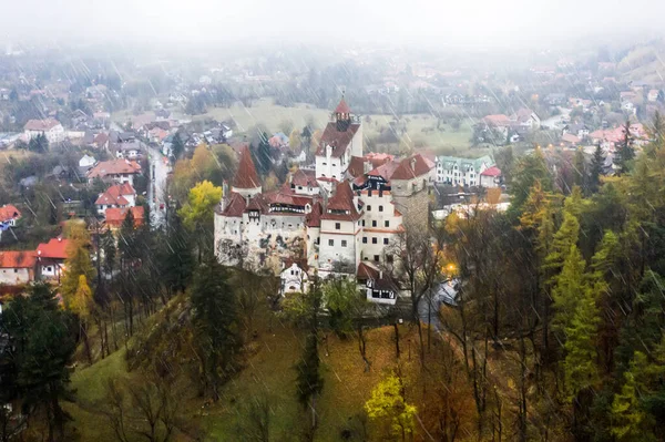 Aerial view of Draculas Castle in the rain — Stock Photo, Image