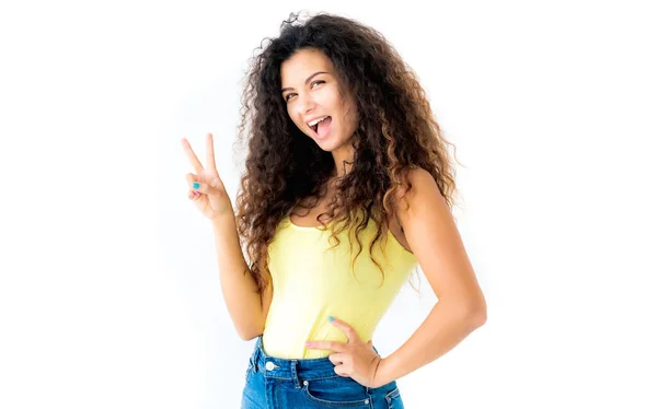 Girl showing victory gesture — Stock Photo, Image