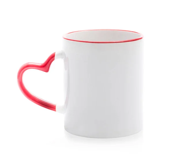 White cup with red handle in heart shape — Stock Photo, Image