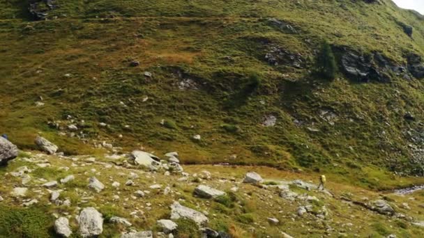 Tourist on alpine mountain top — Vídeo de Stock