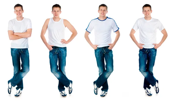 Set mannen in wit singlet en T-shirt met korte mouwen met blauwe rand geïsoleerd — Stockfoto