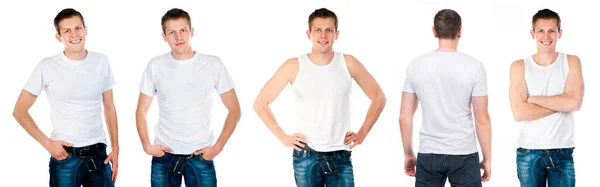 Σύνολο ανδρών σε λευκό κοντομάνικο T Shirt και singlet απομονωμένο — Φωτογραφία Αρχείου