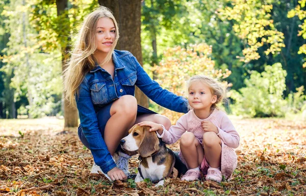 幸せな姉妹遊び犬と遊ぶ — ストック写真