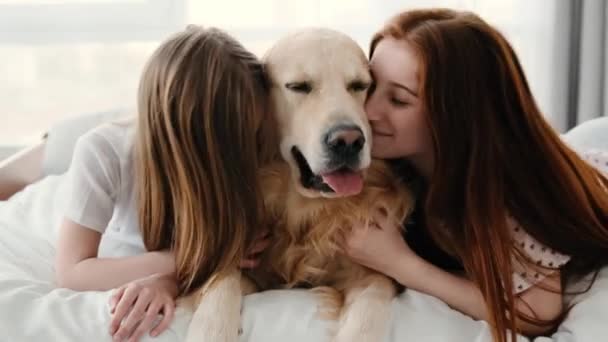 Meninas com cão golden retriever na cama — Vídeo de Stock