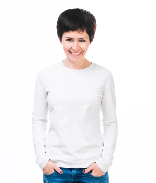 Girl in white t-shirt with long sleeve — Stock Photo, Image