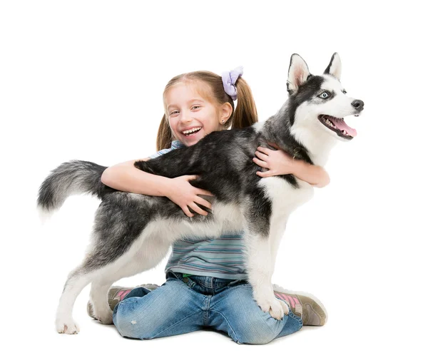 Happy little girl and dog Husky — Stock Photo, Image