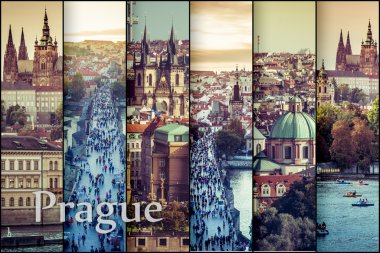 Prag'da tarihi kentin güzel bir manzara fotoğrafı kolaj