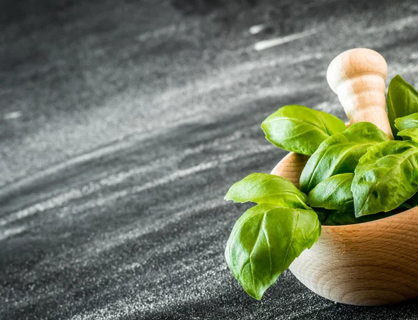 Basil in a wooden mortar — Stock Photo, Image