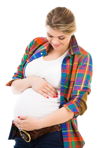 Kobieta w ciąży na biały — Zdjęcie stockowe