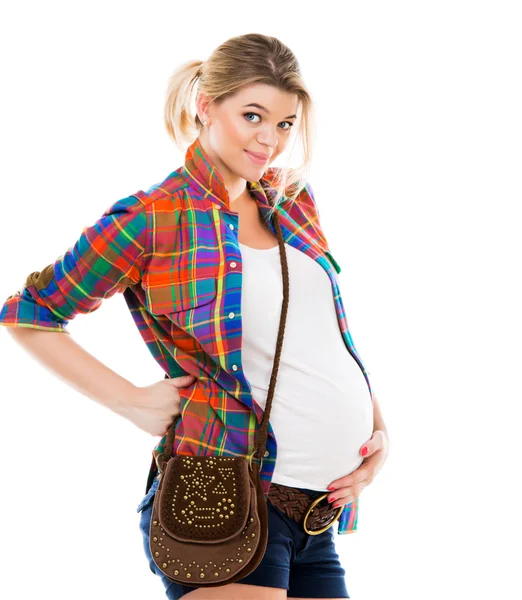 Kobieta w ciąży na biały — Zdjęcie stockowe