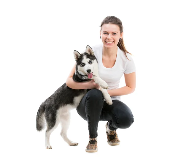 Happy young girl and dog Husky — Stock Photo, Image