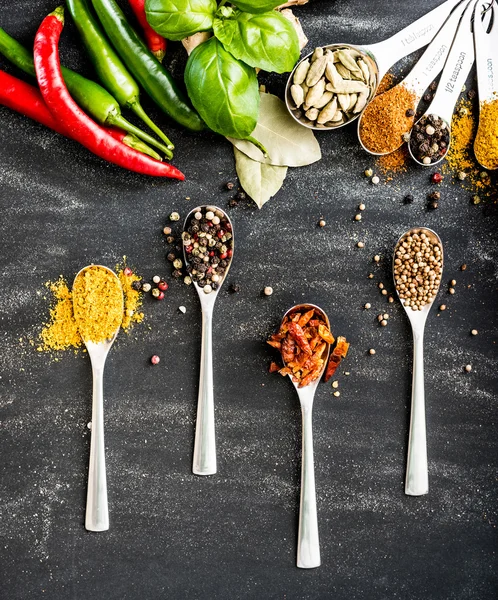 Spoons with spices — Stock Photo, Image