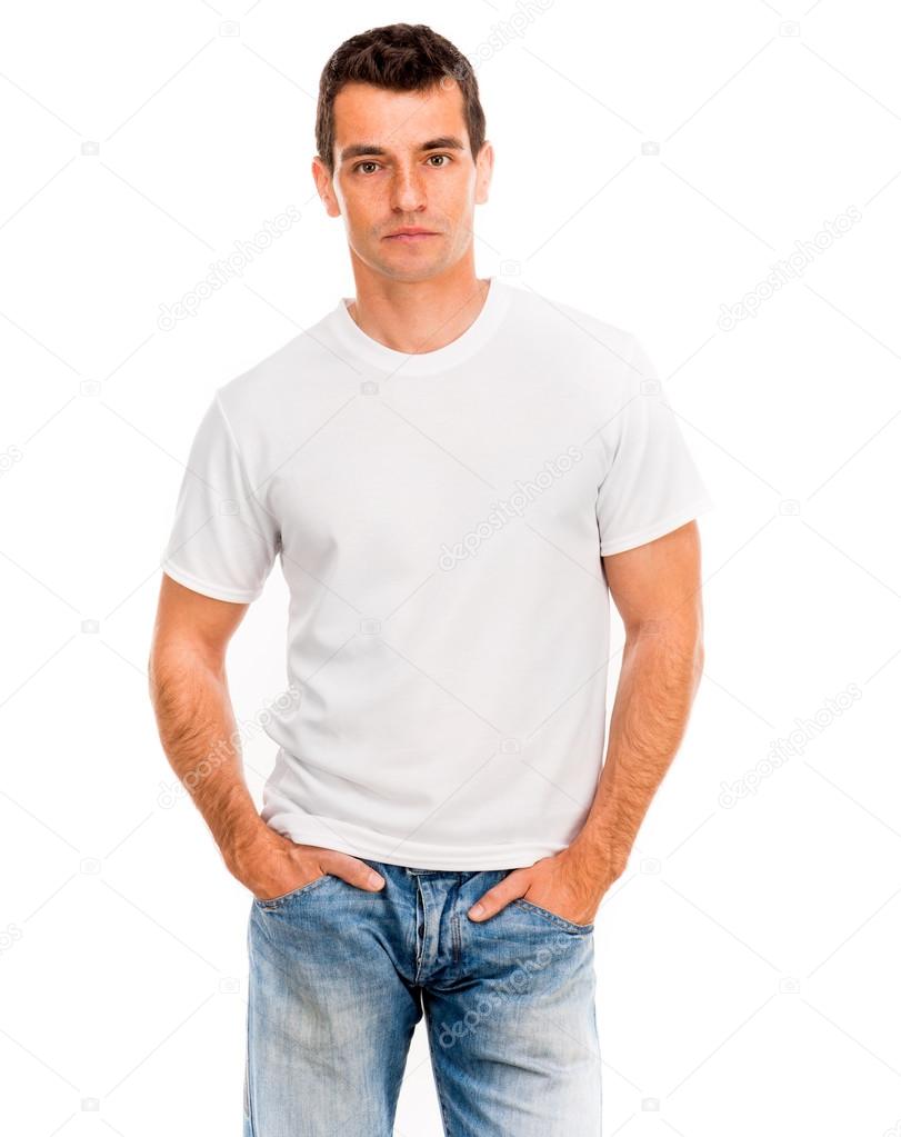 white t shirt on a young man