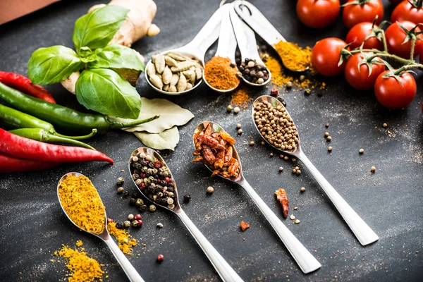 Spoons with spices — Stock Photo, Image