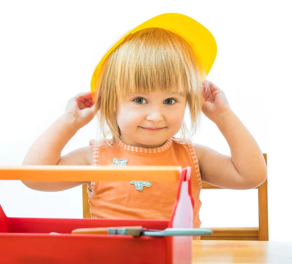 Kind met speelgoed tools — Stockfoto