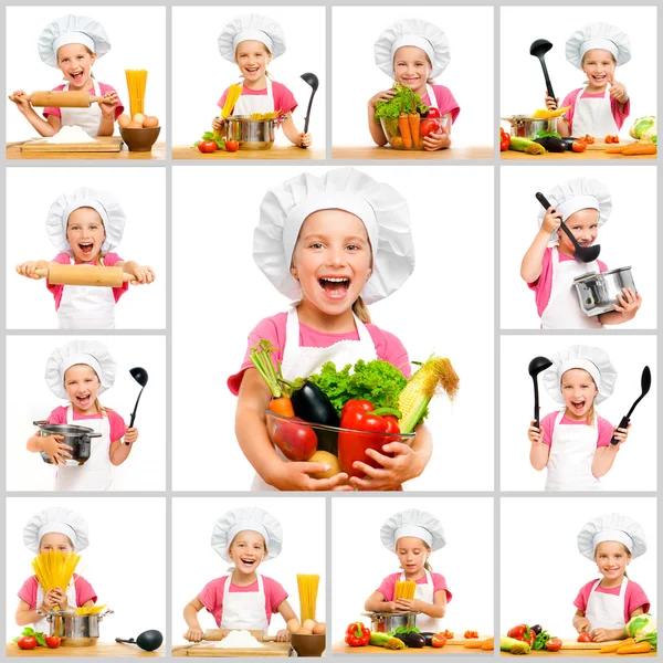 Collage meisje in chef-koks hoed in de keuken — Stockfoto