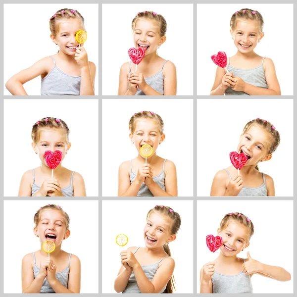 Collage bambina con caramelle — Foto Stock