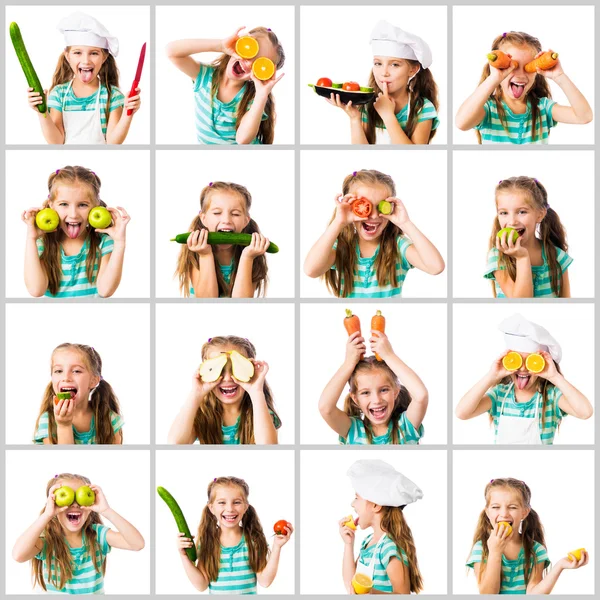 Collage meisje met groenten en fruit — Stockfoto