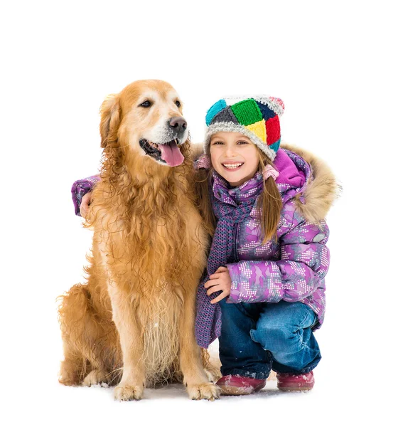 Girl with golden retriever — Stock Photo, Image