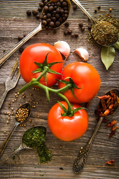 Fresh tomatoes and spices — Stock Photo, Image