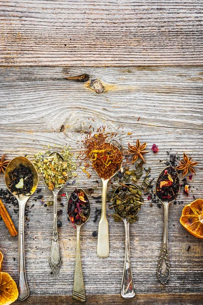 Dry teas on wooden background — Stock Photo, Image