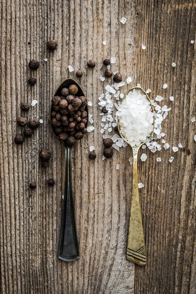 Spices in silver spoons — Stock Photo, Image