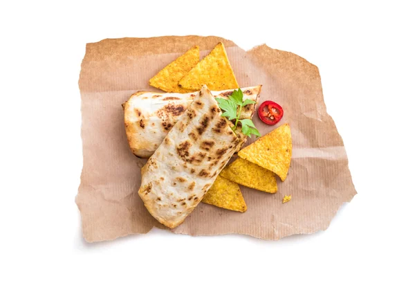 Burrito with chips on parchment — Stock Photo, Image