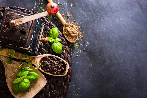 Old mill and wooden spoons with spices — Stock Photo, Image