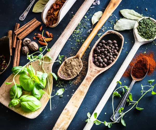 Cucchiai di legno con spezie ed erbe aromatiche — Foto Stock