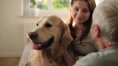 Mutlu kız ve büyükbaba altın bir av köpeğiyle oynuyorlar ve evdeki sevimli evcil hayvanın ağzını okşuyorlar.