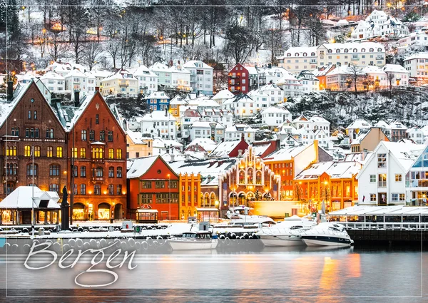 Cartão postal com Bergen no Natal — Fotografia de Stock