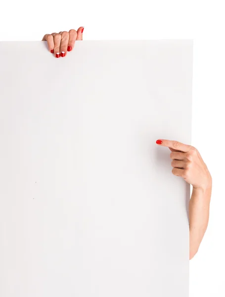 Woman hands holding big blank paper — Stock Photo, Image