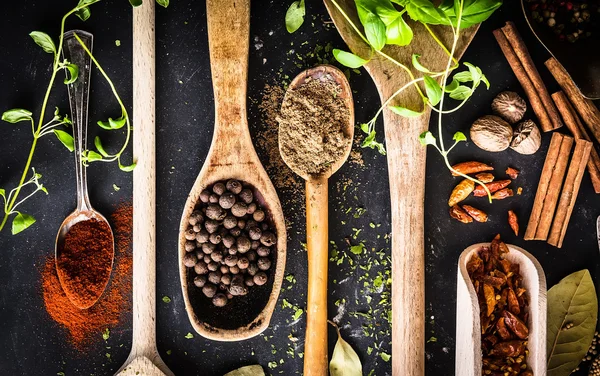 Cucharas de madera con especias y hierbas — Foto de Stock