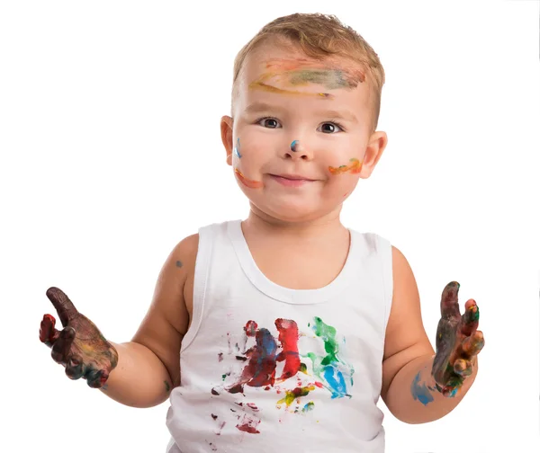 Kleine jongen met geschilderde gezicht en handen — Stockfoto