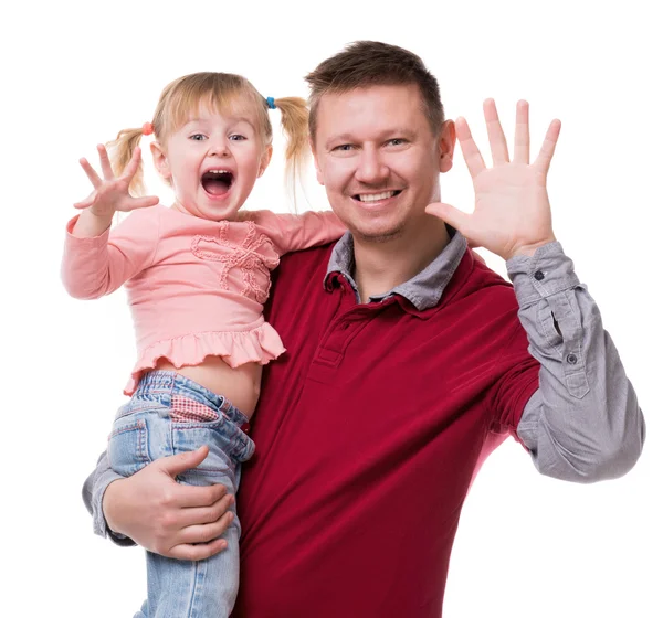 Vater mit kleiner Tochter im Arm zeigt ihre Handflächen — Stockfoto