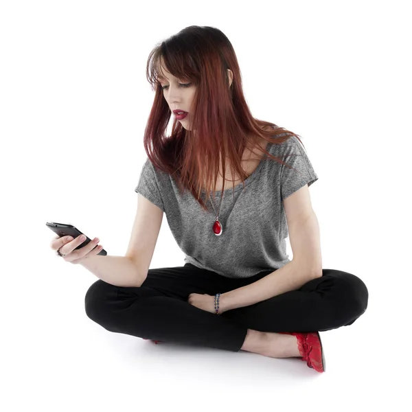 Sitting Pretty Woman Holding her Mobile Phone — Stock Photo, Image