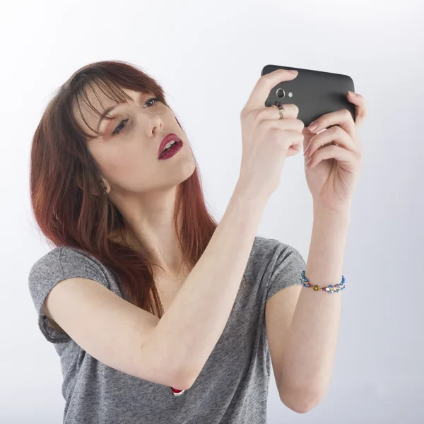 Seductive Young Woman Taking Selfie Photo on Phone — Stock Photo, Image
