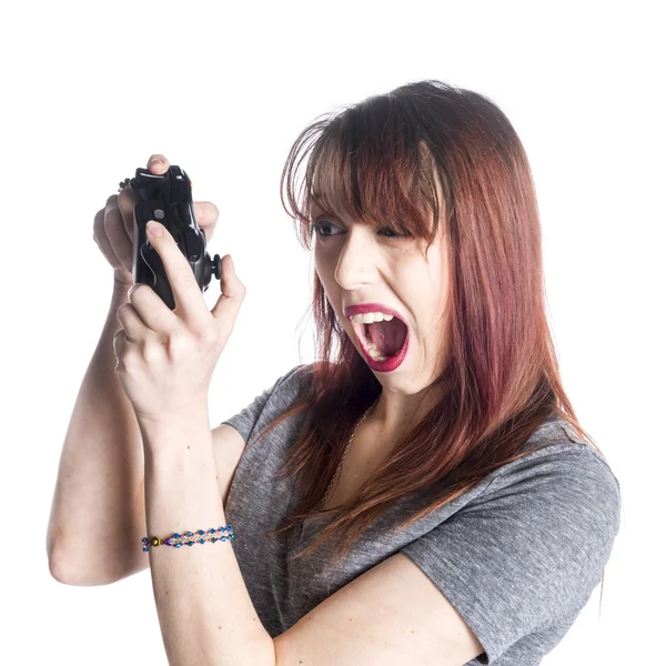 Young Woman Holding Video Game Joysticks — Stock Photo, Image