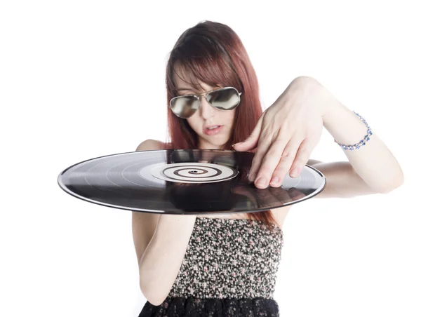 Close up Young Woman Holding a Vinyl Record — Stock Photo, Image