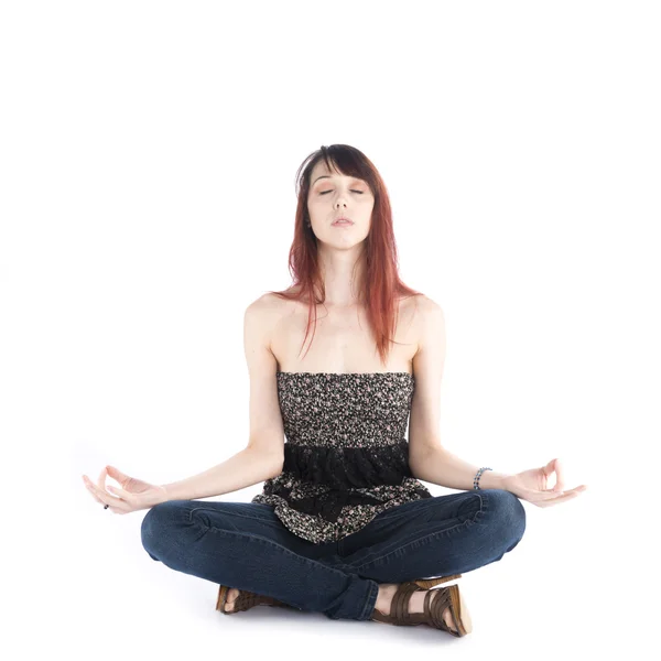 Young Woman Sitting in Yoga Pose with Eyes Closed — Stock Photo, Image