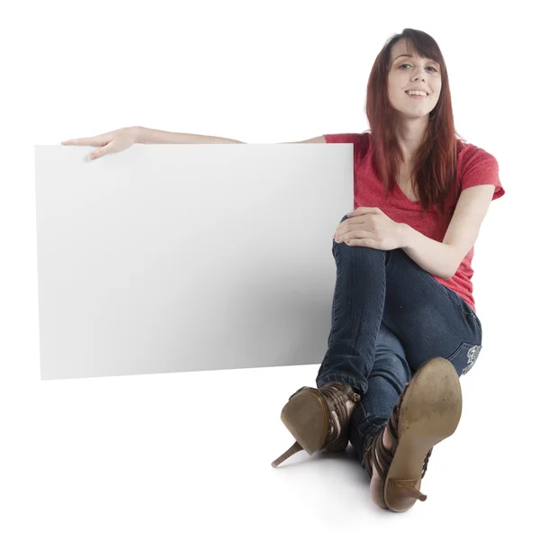 Smiling Woman Holding Empty White Cardboard — Stock Photo, Image