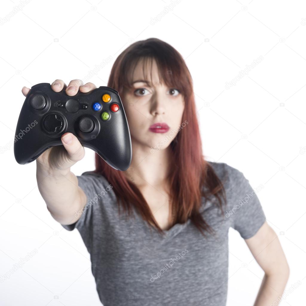 Young Woman Showing Video Game Joysticks