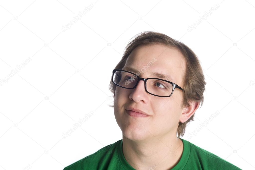 Smiling Thoughtful Man with Glasses on White