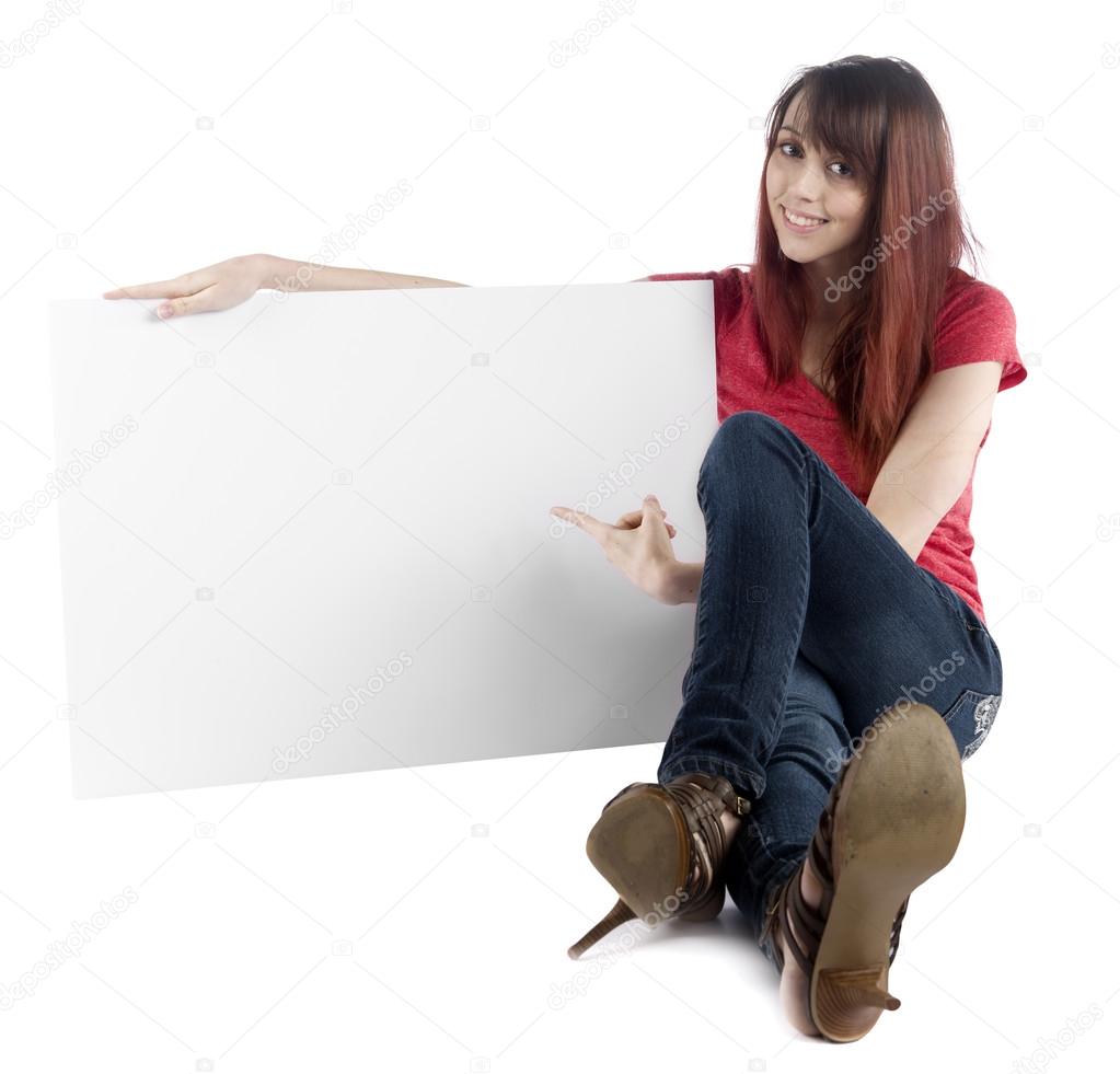 Sitting Woman Pointing at her Empty Cardboard