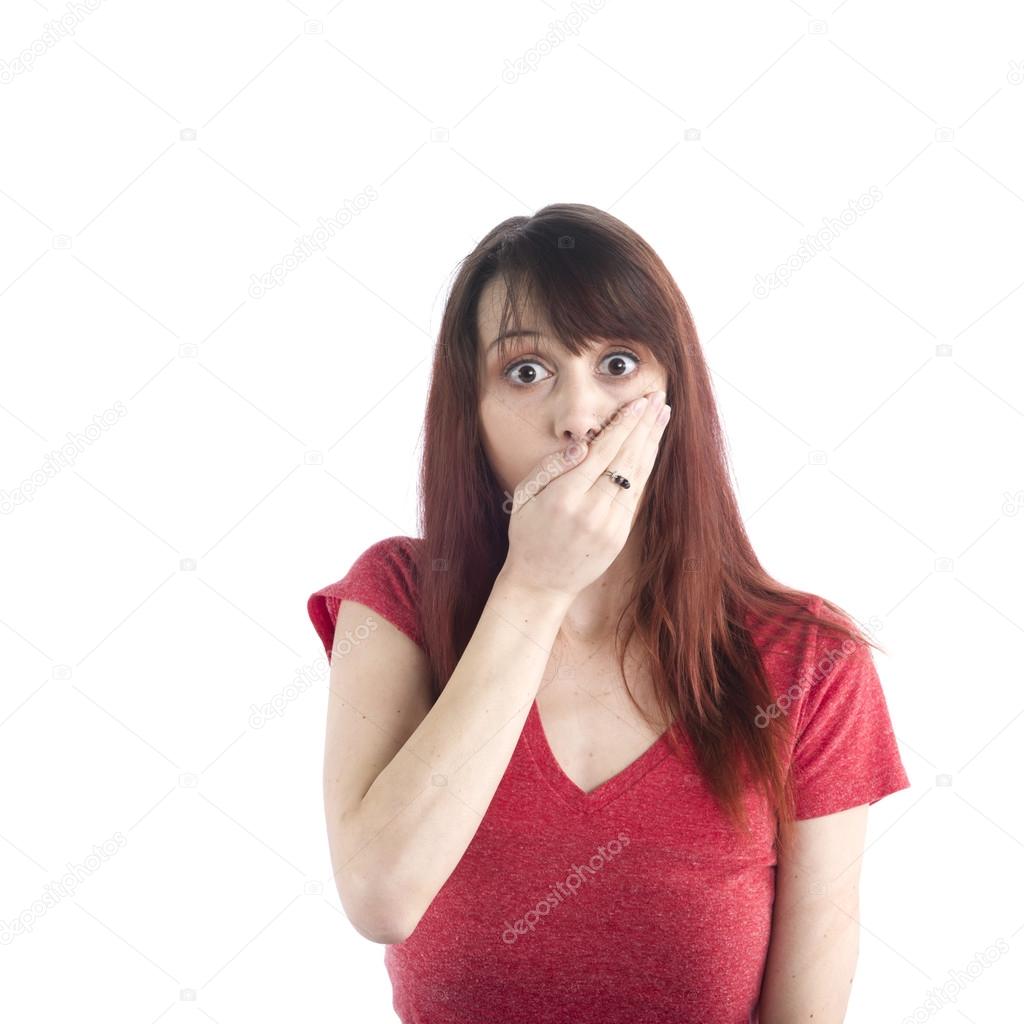 Shocked Woman Covering her Mouth with One Hand