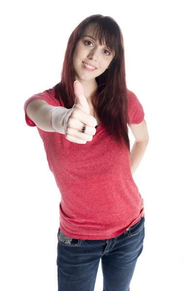 Close up sorridente ragazza che mostra pollici fino segno della mano — Foto Stock