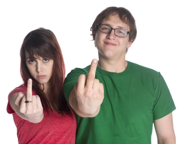 Ungt par visar Fuck You Finger tecken — Stockfoto