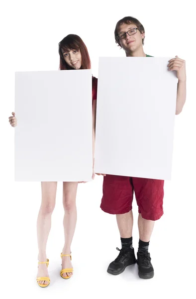 Smiling Young Couple Holding Empty Card Boards — Stock Photo, Image