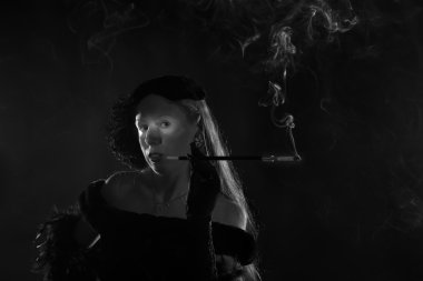 Glamorous 1940s Film Noir Woman Smoking Cigarette